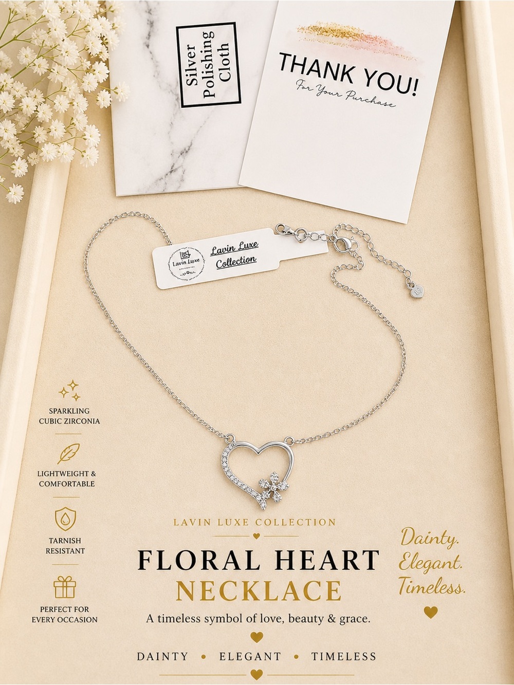 Floral Heart Necklace in Silver 925